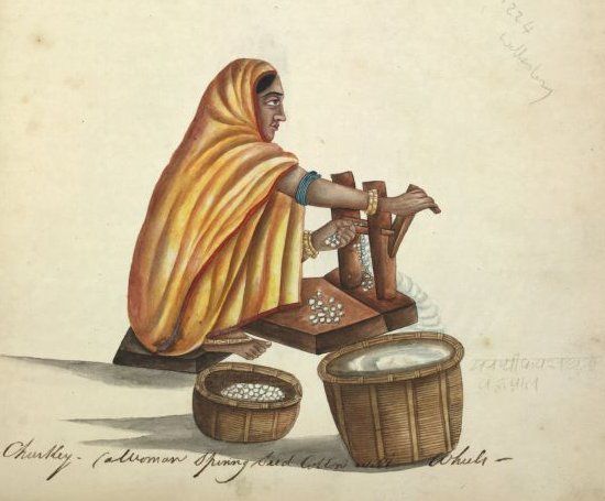 Ginning cotton by hand